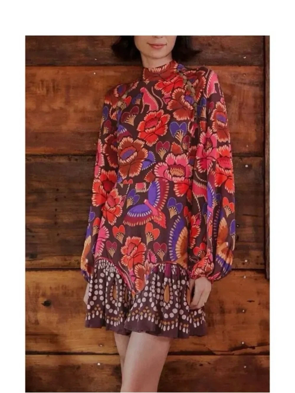 FARM Rio Brown Mini Dress with Pink and Red Floral Print - Picture 4 of 4